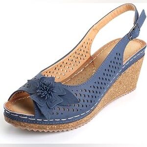 Women's Blue Wedge Slingback Sandals with Floral Accent